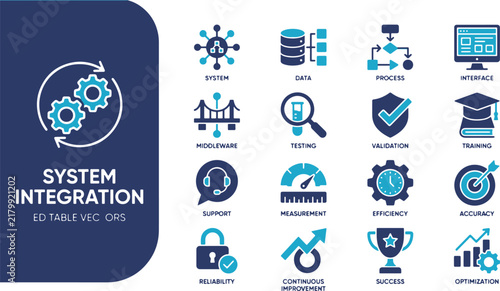 Comprehensive Set of Flat Blue and Dark Professional Icons Representing System Integration and Business Process Development Workflows