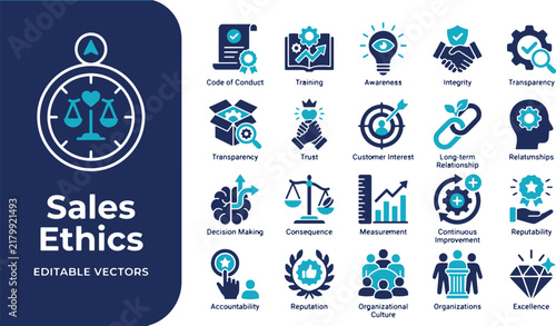 Professional business ethics and corporate compliance flat glyph icon set for sales integrity and organizational standards