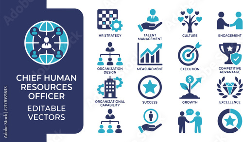 Infographic set of human resources management and leadership icons in blue color scheme