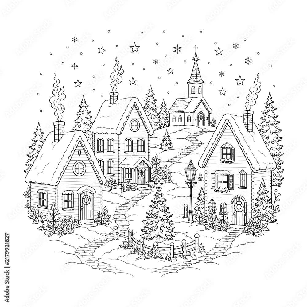Fototapeta premium Christmas Village Embroidery Pattern Winter Houses Holiday Landscape Hand Embroidery Round Hoop Design
