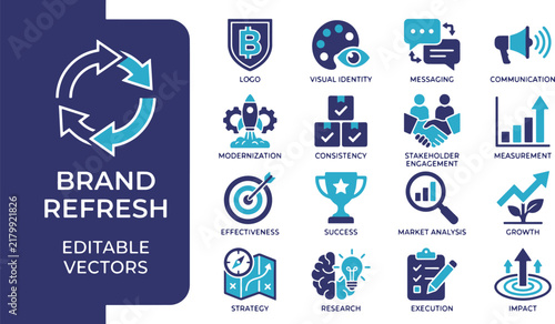 Business rebranding and marketing strategy icon set, featuring flat filled glyph icons for success, growth, execution, and visual identity