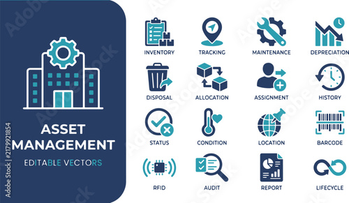Comprehensive set of business property tracking and logistics maintenance icons featuring inventory, tracking, and audit symbols in flat glyph style