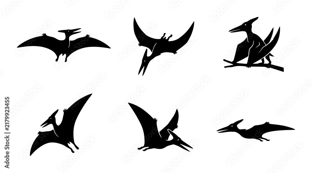 Obraz premium Pterodactyl Silhouettes, Flying Reptile Icons, Prehistoric Creature Vector Set, Dinosaur Graphics
