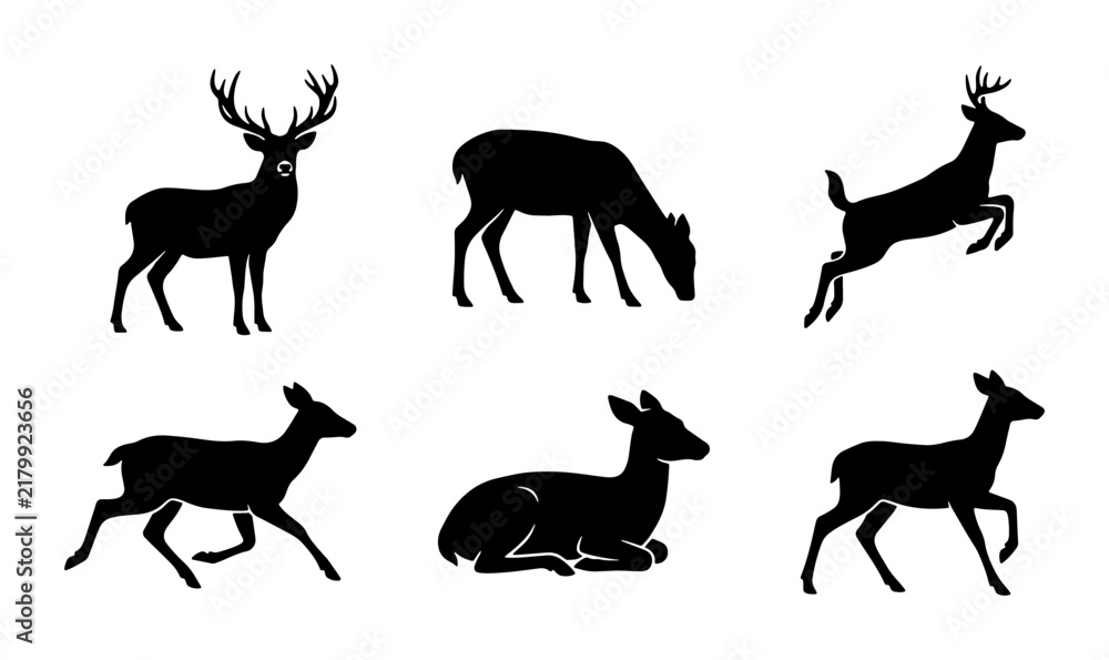 Obraz premium Deer Silhouettes Collection: Majestic Wildlife Icons, Forest Animals, Hunting Graphics, Nature Vector Set