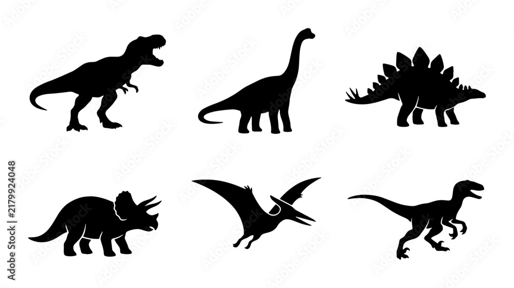 Obraz premium Set of 6 Black Dinosaur Silhouettes Vector Icons, Prehistoric Reptile Graphics, Jurassic Era Creatures Collection