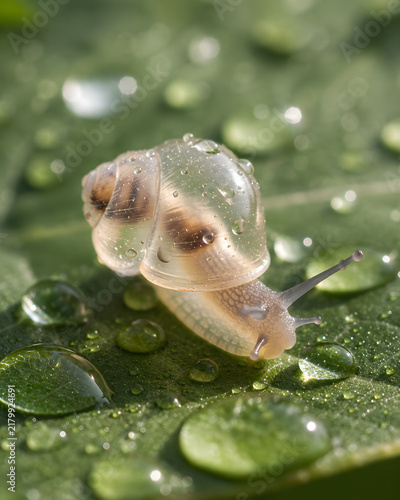 Tiny snail with translucent shell crawling across a wet green leaf covered with sparkling water droplets, whimsical macro nature concept.
