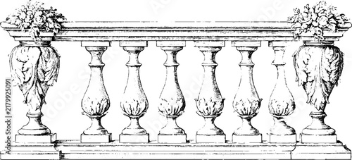 Ornate antique balustrade engraving with floral newel posts and carved balusters for decorative background and border design