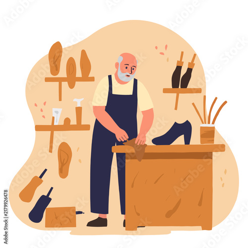 Older man crafting shoes in a workshop filled with tools and materials. Elderly set  