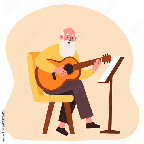 Elderly man playing guitar while sitting on a chair. Elderly set  