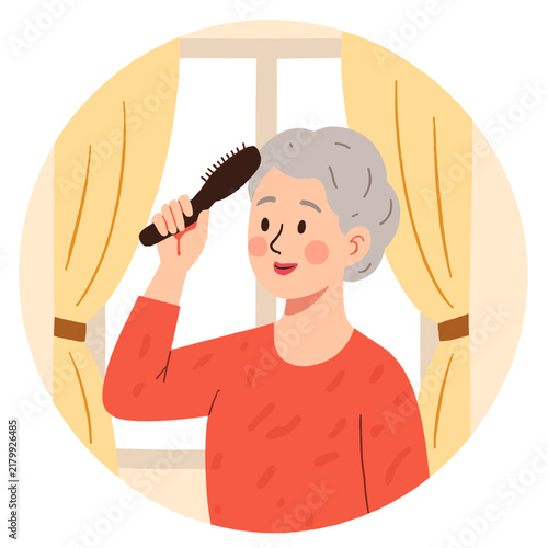Older woman brushing her hair by the window with a cheerful expression. Elderly set  