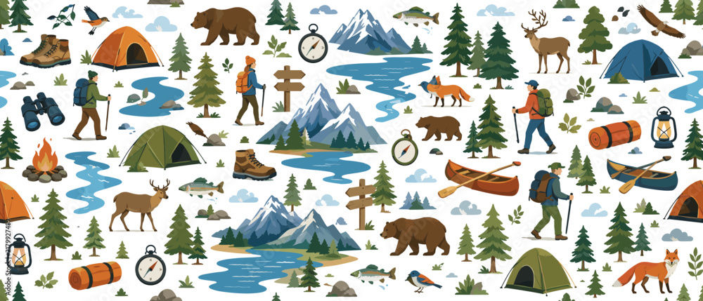 Obraz premium Seamless pattern of outdoor adventure and camping elements in a vibrant cartoon style