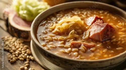 A national dish of Italian cuisine. 
Jota (also known as Minestra di orzo) is a traditional Trieste thick soup made from barley, sauerkraut, beans, and smoked pork meat.