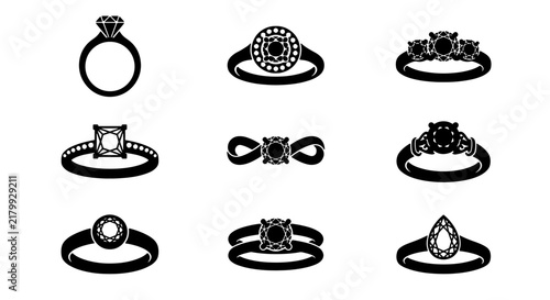 Obraz na płótnie Diamond Ring Icons, Engagement Jewelry Set, Precious Gemstone Symbols