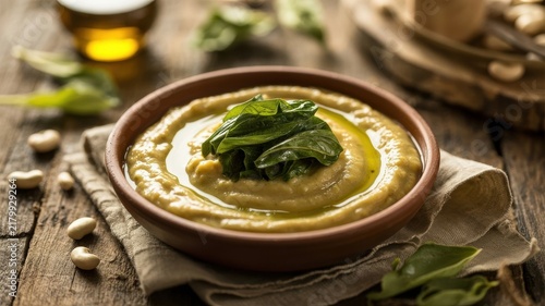 A national dish of Italian cuisine. 
Zuppa di fave e cicoria is a tender puree made from dried beans, served with boiled wild chicory and olive oil. 