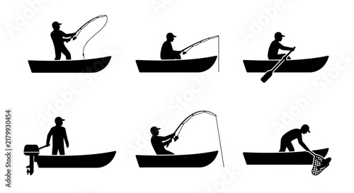 Fishing boat silhouettes, a collection of six vector illustrations depicting various fishing activities