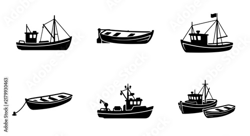 Fishing Boats Vector Icon Set, Traditional Nautical Vessels, Marine Transport Collection