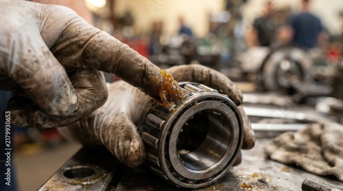 Mechanic Applying Grease to Metal Roller Bearing During Automotive Maintenance in Workshop