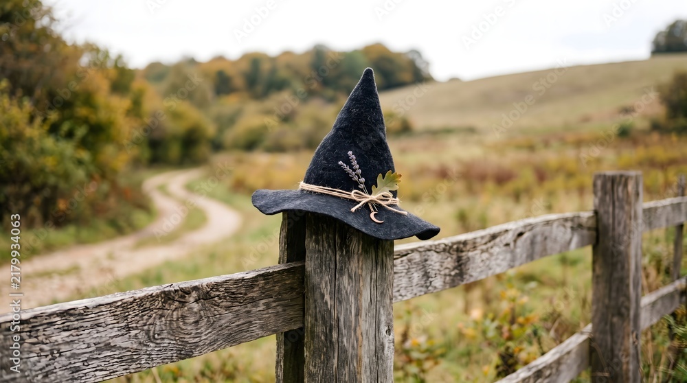 Obraz premium A witch's hat, decorated with dried herbs and autumn leaves, rests on a wooden fence post. AI generated.