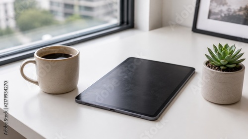 Coffee mug and tablet on a white windowsill with a succulent