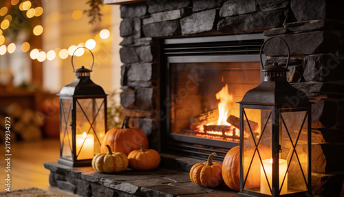 Cozy autumn fireplace decor with burning fire, Pumpkins on stone hearth in warm light, Vintage lanterns with candles near fireplace, Festive cozy Thanksgiving interior design setup.