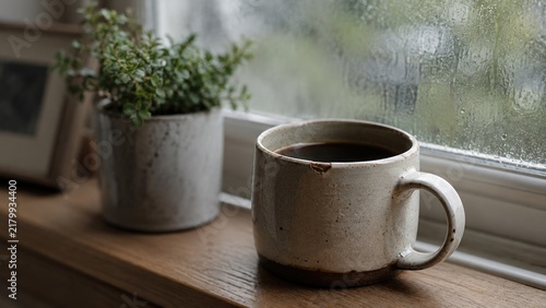 Ceramic coffee mug on a windowsill beside a rain-streaked window