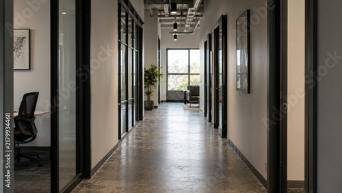 Empty modern office corridor with glass partitions