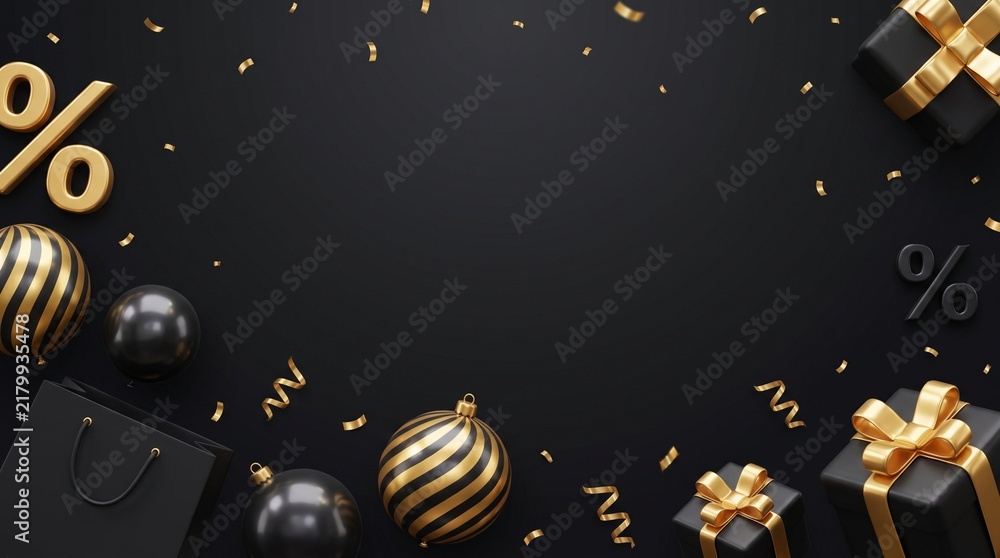 Naklejka premium Black friday sale background with dark gift boxes and gold christmas ornaments with percent signs and confetti for luxury holiday shopping promotion