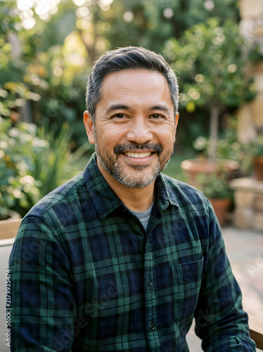 Friendly middle aged Asian man smiling in a beautiful garden setting