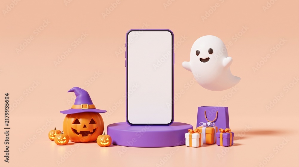 Fototapeta premium Smartphone with blank screen for halloween sale mockup with cute ghost pumpkin and gift boxes on purple podium