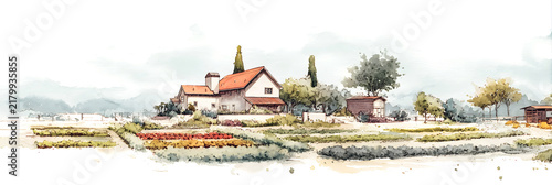 Watercolor illustration of a rural farmhouse surrounded by colorful flower fields and trees