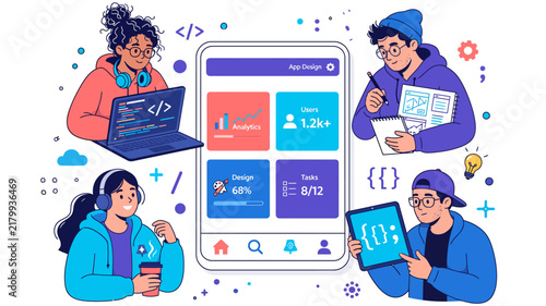 Mobile App Design and Development Team Collaboration Vector Illustration