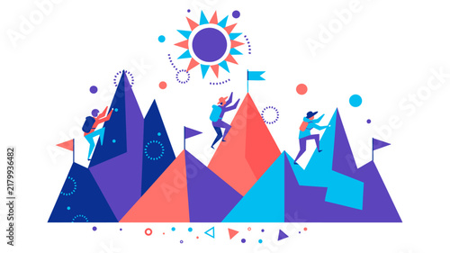Business team climbing mountain peak - Concept of success and achievement