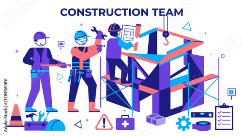 Construction Team - Flat Vector Illustration of Workers Building Structure