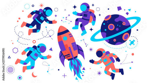 Space Adventure - Colorful Vector Illustration of Astronauts and Rocket