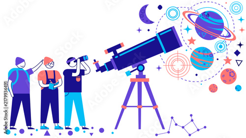 People looking at planets through a telescope - Astronomy and space exploration vector illustration