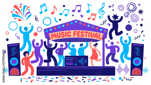 Music Festival Vector Illustration - Concert Stage and Dancing Crowd