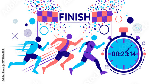 Running race finish line concept with runners and timer - vector illustration