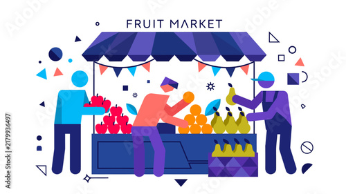 Fruit Market Flat Vector Illustration - Grocery Store and Farmers Market Concept