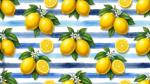 Fresh yellow lemon fruit pattern with green leaves on blue watercolor striped background.