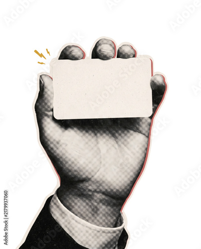Retro collage of vintage hand holding a blank rectangular card ready for a message or label on a transparent background, with grayscale cutouts, with colored accents, clear visual hierarchy.