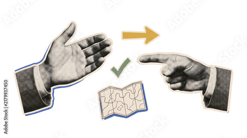 Retro collage of open palm and pointing hand with directional arrow and folded street map on a transparent background, with colored accents, with paper texture, with clean edges, high resolution.