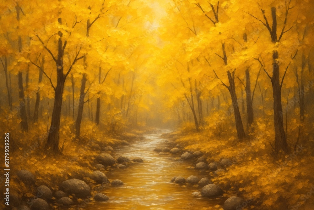 Fototapeta premium Golden autumn forest stream serenity background