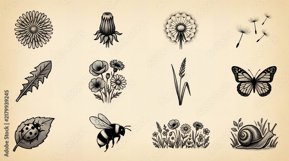 Obraz premium Meadow flora and insect wildlife illustrations featuring dandelion plants and butterflies.