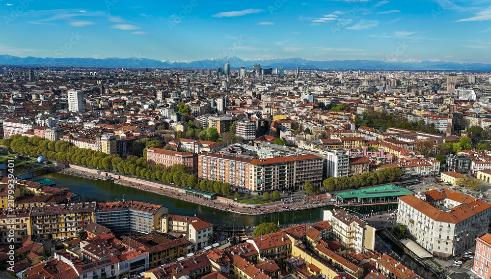Obraz premium Aerial panoramic view of Navigli district and Milan cityscape, Italy