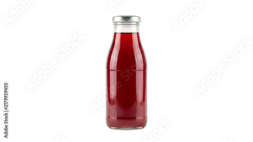 Transparent Glass Bottle Filled Red Fruit Juice Isolated on White Background