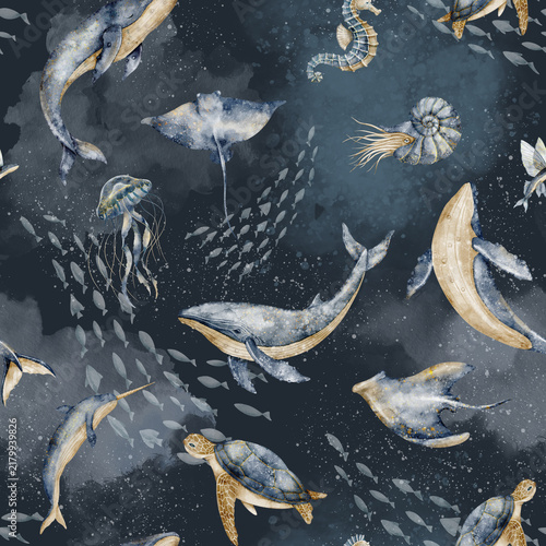 Photography Undersea animals seamless watercolor pattern on dark blue background