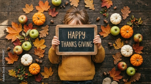 Child holding a chalkboard with happy thanksgiving text, surrounded by autumn leaves, pumpkins, and apples on a rustic wooden background