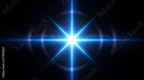 Bright blue star light effect with lens flare on black