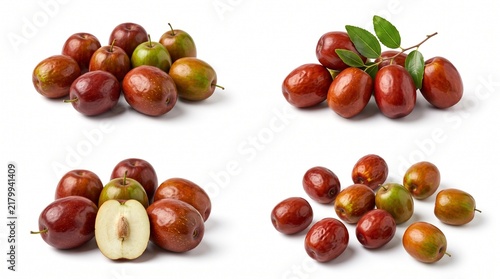 Fresh red jujube fruits arranged in small groups
