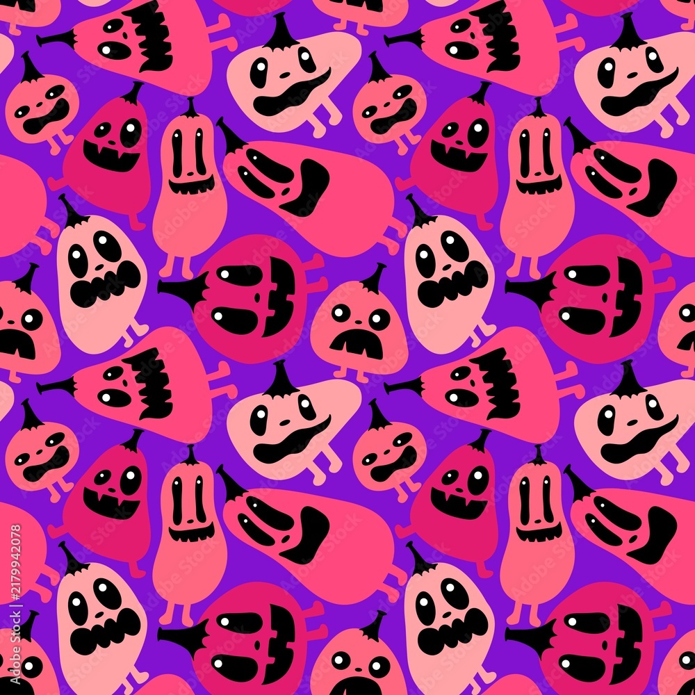 Obraz premium Autumn harvest vegetable seamless monster Halloween pumpkins pattern for wrapping paper and fabrics 